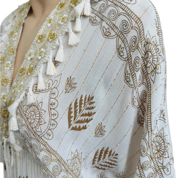 Zuri Embroidered Boho Maxi Dress Gold Embroidered Tassel V-Neck Free Size - Picture 8 of 9